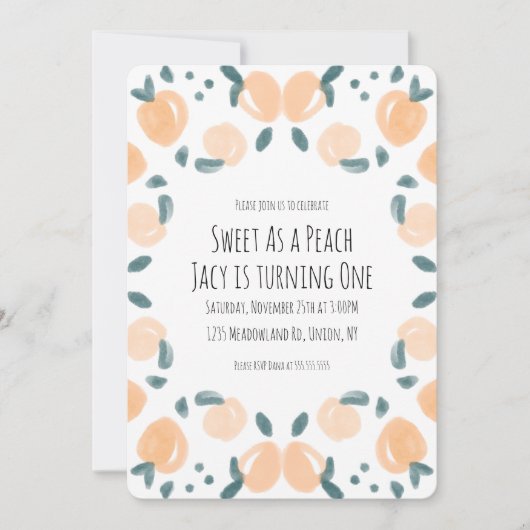 水彩桃のフルーツ誕生日パーティア縁どート 招待状 (正面)