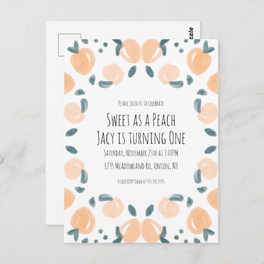 水彩桃のフルーツ誕生日パーティア縁どートI ポストカード (正面/裏面)