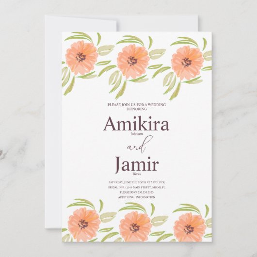 水彩桃の手の色彩の鮮やか花模様結婚ズ 招待状 (正面)