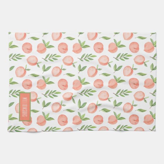 水彩桃の模様パーソナライズされた キッチンタオル (横)