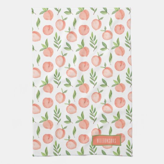 水彩桃の模様パーソナライズされた キッチンタオル (縦)