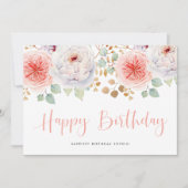 水彩桃の牡丹と金ゴールド葉誕生日 (正面)