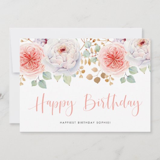 水彩桃の牡丹と金ゴールド葉誕生日 (正面)