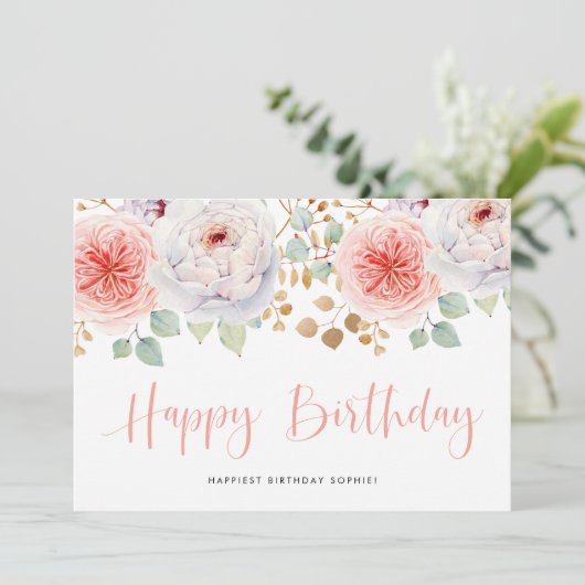 水彩桃の牡丹と金ゴールド葉誕生日 (スタンド正面)