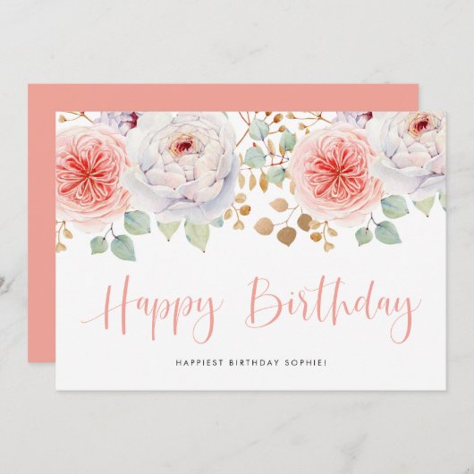 水彩桃の牡丹と金ゴールド葉誕生日 (正面/裏面)