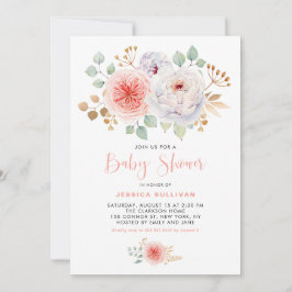 水彩桃の牡丹金ゴールド葉赤ちゃんシャワー 招待状