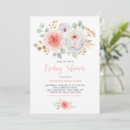 水彩桃の牡丹金ゴールド葉赤ちゃんシャワー 招待状 (スタンド正面)