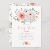 水彩桃の牡丹金ゴールド葉赤ちゃんシャワー 招待状 (正面/裏面)