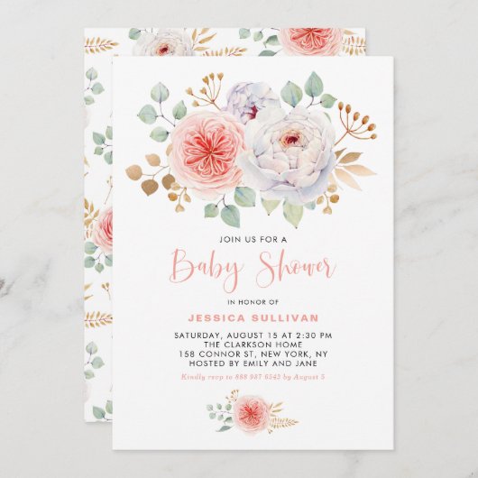 水彩桃の牡丹金ゴールド葉赤ちゃんシャワー 招待状 (正面/裏面)