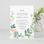 水彩桃の花と緑の植物のウェディング 招待状 (スタンド正面)