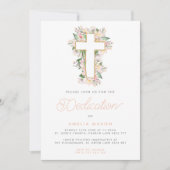 水彩桃の花のクロス 赤ちゃんの献堂式 招待状 (正面)