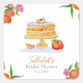水彩桃の花のケーキと桜のウェディングシャワー スクエアシール (正面)