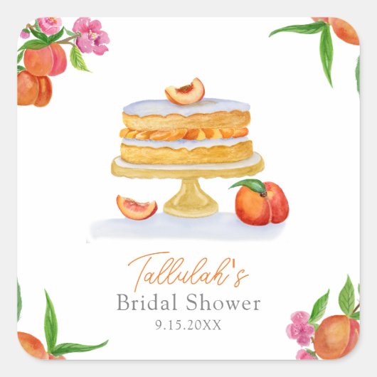 水彩桃の花のケーキと桜のウェディングシャワー スクエアシール (正面)