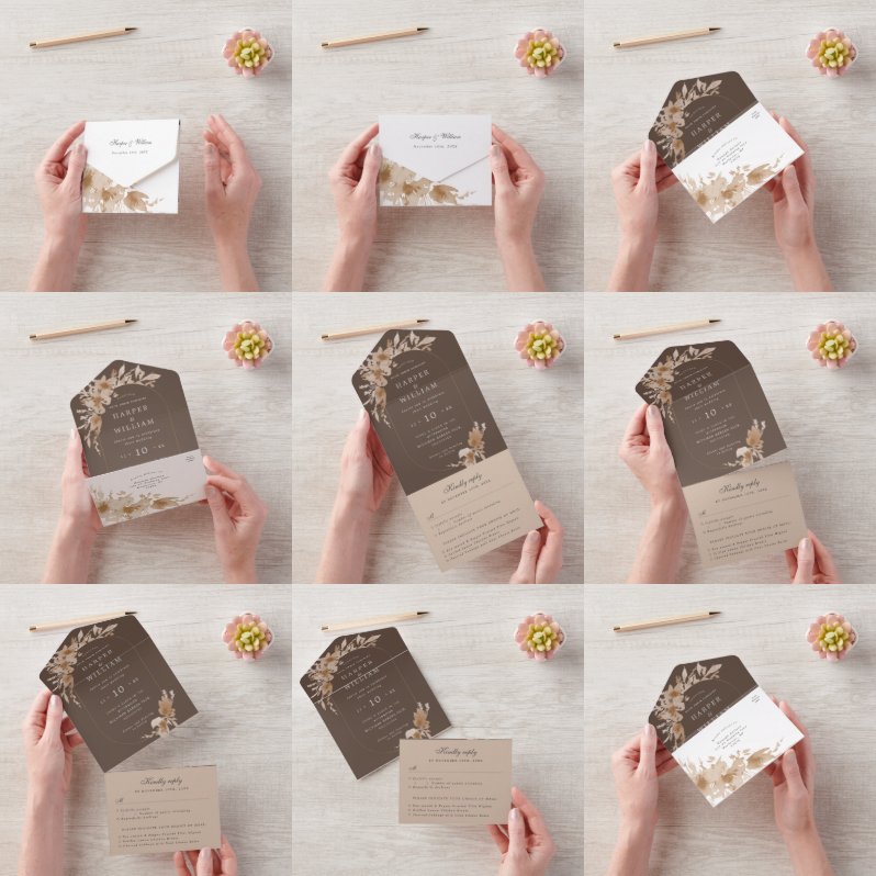 水彩桃の花の封筒3折結婚り オールインワン招待状