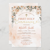 水彩桃の花の少女 - 初めての聖体拝領 招待状 (正面/裏面)