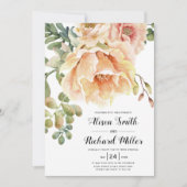 水彩桃の花スクリプトタイポグラフィ結婚ズ 招待状 (正面)