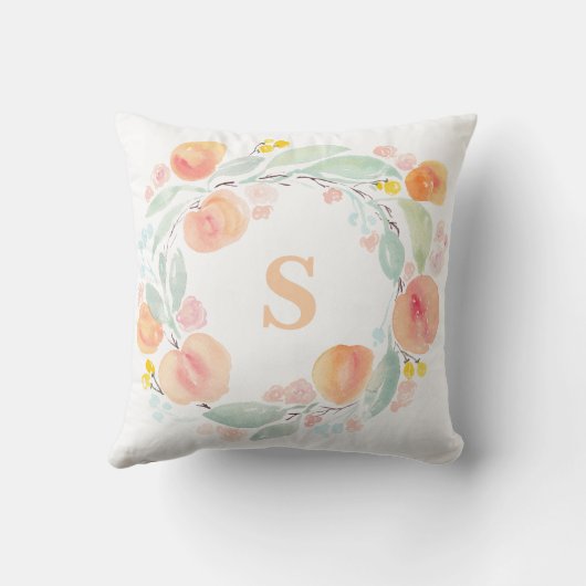水彩桃の葉リースモノグラム枕 クッション (裏面)