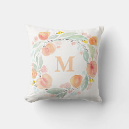 水彩桃の葉リースモノグラム枕 クッション
