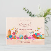 水彩桃の裁縫ツールアート誕生日 招待状 (スタンド正面)