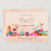 水彩桃の裁縫ツールアート誕生日 招待状 (正面/裏面)