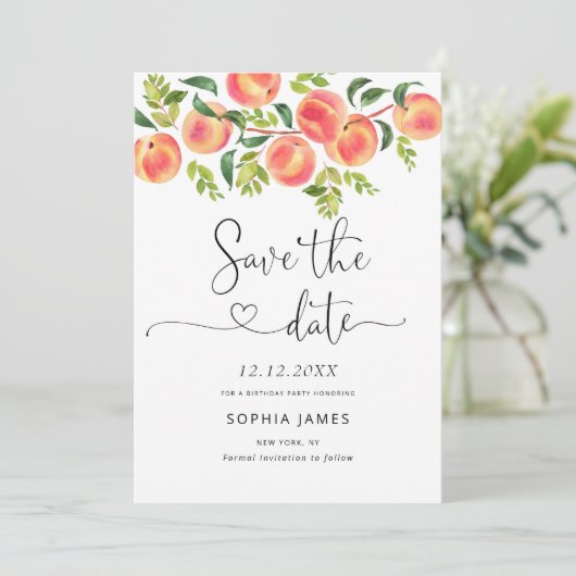 水彩桃のSave the Date 招待状 (スタンド正面)