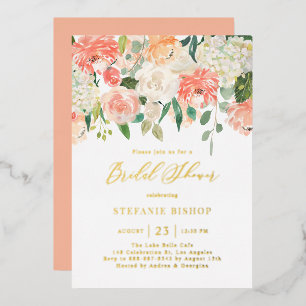 水彩桃アイボリー花ブライダルシャワー 箔招待状