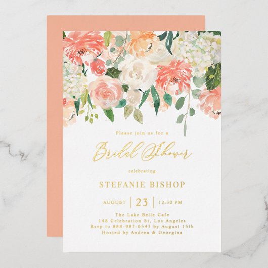 水彩桃アイボリー花ブライダルシャワー 箔招待状 (正面/裏面)