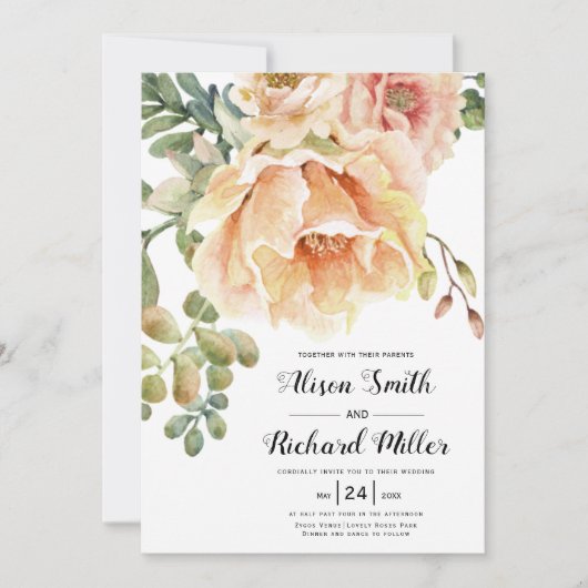 水彩桃サンゴ花タイポグラフィ結婚ズ 招待状 (正面)