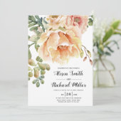 水彩桃サンゴ花タイポグラフィ結婚ズ 招待状 (スタンド正面)