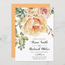 水彩桃サンゴ花タイポグラフィ結婚ズ 招待状