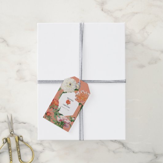 水彩桃ピンク牡丹結婚花 ギフトタグ (より糸付き)