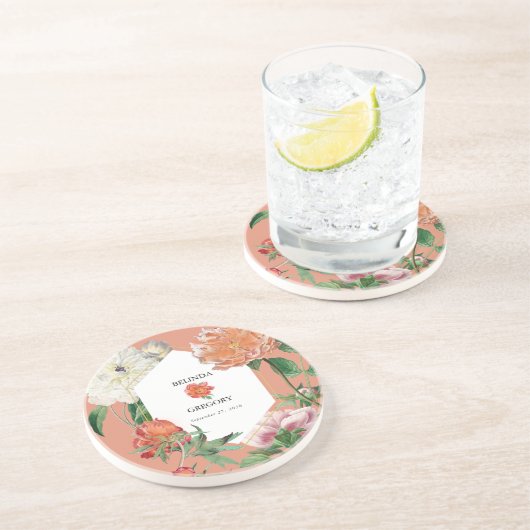 水彩桃ピンク牡丹結婚花 コースター (側面)