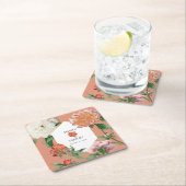 水彩桃ピンク牡丹結婚花 スクエアペーパーコースター (インサイチュ)