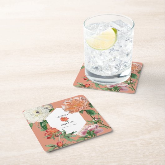 水彩桃ピンク牡丹結婚花 スクエアペーパーコースター (インサイチュ)