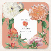 水彩桃ピンク牡丹結婚花 スクエアペーパーコースター (正面)