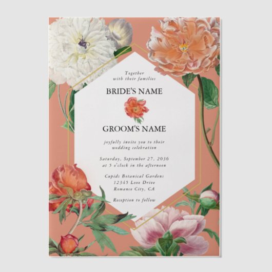 水彩桃ピンク牡丹結婚花 ベラム紙招待状 (正面)
