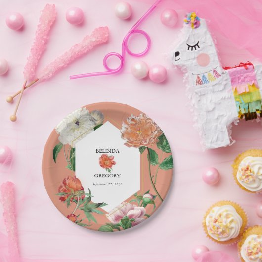 水彩桃ピンク牡丹結婚花 ペーパープレート (パーティー)