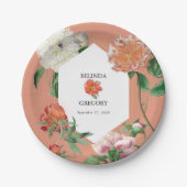 水彩桃ピンク牡丹結婚花 ペーパープレート (正面)