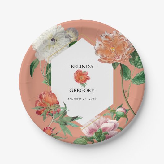 水彩桃ピンク牡丹結婚花 ペーパープレート (正面)