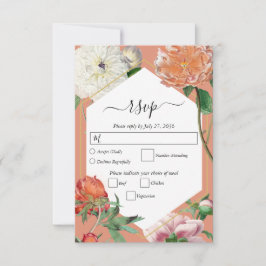 水彩桃ピンク牡丹結婚花 出欠カード