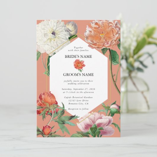 水彩桃ピンク牡丹結婚花 招待状 (スタンド正面)