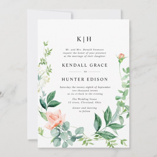 水彩桃フローラ結婚緑 招待状 (正面)