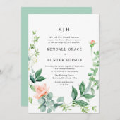 水彩桃フローラ結婚緑 招待状 (正面/裏面)