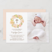 水彩桃牡丹リース写真バプテスマ 招待状 (正面/裏面)