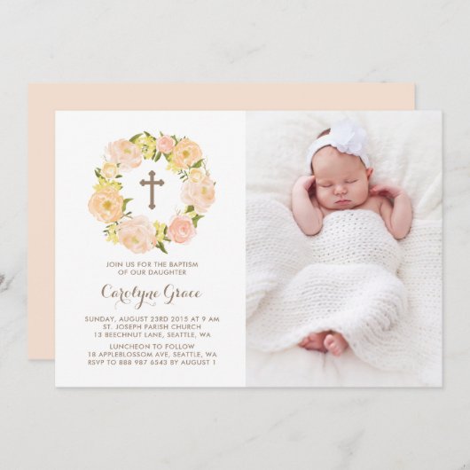 水彩桃牡丹リース写真バプテスマ 招待状 (正面/裏面)