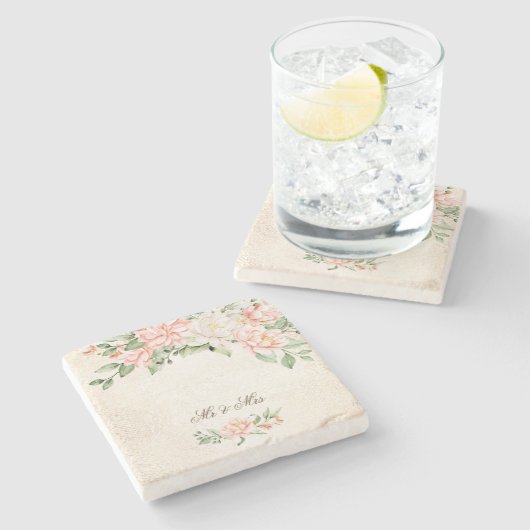 水彩桃白エレガント花 ストーンコースター (横)