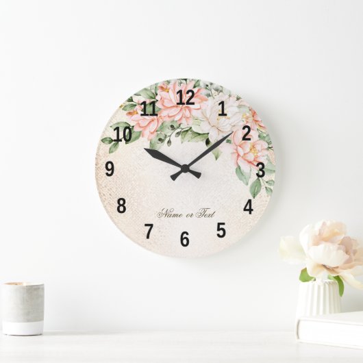 水彩桃白エレガント花 ラージ壁時計 (ホーム)