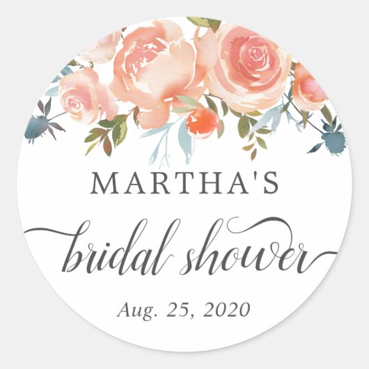 水彩桃素朴フローラブライダルシャワー ラウンドシール (正面)