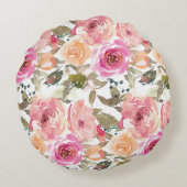 水彩桃色かわいらしフローラ円枕 ラウンドクッション (裏面)