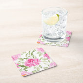 水彩桃色かわいらし牡丹パターン スクエアペーパーコースター (インサイチュ)